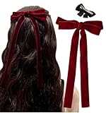[Herbeluemily] ベロア リボン ヘアアクセ ヘアゴム クリップ バレッタ ヘアアレンジ ヘアアクセサリー ベルベット クリップタイプ ロング二重リボン レッド HM-0072-R01-L-RD