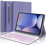 Samsung Galaxy Tab S10+ Plus/ S9 Plus/S9 FE+/ S9+/ S8+ Plus/S7+ Plus/S7 FE 12.4インチ用キーボードケース、Sペンホルダー付き、バックライト付きスマートBluetoothキーボードケースカバー、パープル。