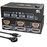 HDMI Displayport KVMスイッチ 2 モニター 2 PC 4K@60Hz/2K@120Hz KVMスイッチ USB 3.0ポート付き、有線リモコンとUSB3.0ケーブル付属