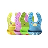 防水ベビービブ食品クラムポケットキャッチャー4 PCS（ブルー、イエロー、グリーン、ピンク）ロール - アップディープポケットソフトアジャスタブルネックバンドよだれかけ