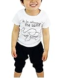 Plus Nao(プラスナオ) 子供用 セットアップ 2点セット 上下セット Ｔシャツ×パンツ 七分丈 イラストプリント ポケット付き 半袖 男の子 女 ホワイト 120