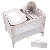 Thinkmax ベビーベッド 折りたたみ 添い寝 揺りかご おむつ交換台 プレイヤード マットレス付き ベビーサークル キャスター クーファン 赤ちゃんベッド クーファン 長く使える プレゼント 出産祝い (ベージュ)
