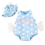 Baby Nest 夏 ベビー ロンパース ボディースーツ おそろい帽子付き 可愛い天使 女の子 男の子 綿100% ブルー 6-9M