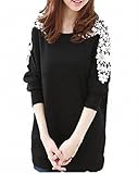 Essence care（エッセンス ケア）花柄 肩袖 レース カットソー Uネック トレーナー黒 ゆったりサイズ カットソー (M)