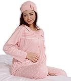 マタニティ パジャマ 3点セット ウエスト調整 授乳口 上下セットアップ 春 夏 秋 冬 授乳服 妊婦 帽子 (L, ピンク)