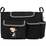 GudeHome ベビーカーバッグ 収納バッグ 多機能小物入れ ベビーカー用 ドリンクホルダー ネット バッグ（モンキー，ブラック）