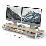 Fenge モニター台 卓上 デスクシェルフ モニタースタンド パソコン台 引き出し付き2段 木製 幅108cm pc台 机上台 デュアルモニター 台 机上ラック 卓上台 デスク周り収納 ディスプレイ (ホワイト) (ライトオーク)