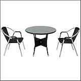 人工ラタンチェア2脚 丸テーブル1台 3点セット 強化ガラス ブラック 籐 肘掛けカバー付き 家具 ファニチャー インテリア スタッキングチェア リビング chair 椅子 南国 アジアン バリ風 リ