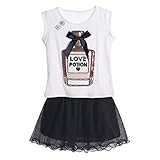 Pettigirl 新品ホワイトｘブラックガールズツーピース子供服セットＴシャツスカート　7歳 [並行輸入品]