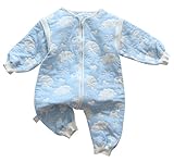 スリーパー 6層ガーゼ 新生児 ベビー服 女の子 寝冷え防止 ベビーパジャマ 2ウェイ袖付きロンパース 出産祝い 寝袋男の子（ブルー＋動物図案/L）
