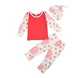 Happyハッピー耳　ベビー服　女の子　長袖　ｔシャツ＆ズボン　帽子付き　３点セット　ドット柄　花柄　かわいい　秋服　綿素材　赤　白 (70)