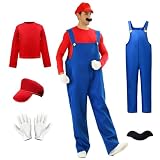 [CHALAN] ハロウィン コスプレ衣装 大人用 仮装 【5点セット オーバーオール Tシャツ 帽子 手袋 ひげ】 コスチューム コスプレ クリスマス イベンド 学園祭 変装 変身 ギフト プレゼント 赤/青 L