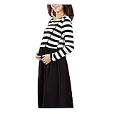 beauty factory マタニティ ワンピース ロング スカート シンプル 白黒 ボーダー柄 授乳口付き 選べる 長袖 半袖 サイズ (XL, 長袖)