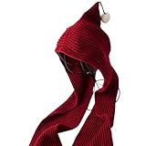 [モノジー] MONOZY 子供 用 ニット帽 マフラー リブ ニット フードマフラー ボンボン ニットキャップ 防寒 フード 帽子 (5) ワインレッド)