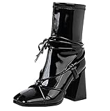 [KiniYitta] ストレッチ ショートブーツ レディース スクエアトゥ ブーツ セクシー ストレッチブーツ ハイヒール エナメル