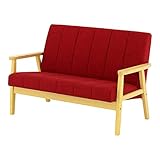 SATO セレノソファ 2人掛けストライプ 布レッド 肘ナチュラル