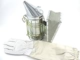 亜鉛 メッキ 製 燻煙 器 ( くんえん き ) 牛革 ( ジャバラ 部 ) 使用 （ 防護 皮手袋 ＆ 燻煙剤 セット有り ）養蜂 蜜 蜂 害 虫 駆除 用 (2． 燻煙器＆防護手袋セット)