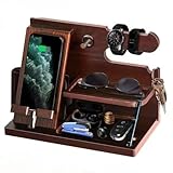 木製電話ドッキングステーション アッシュキーホルダー 財布スタンド 腕時計オーガナイザー メンズギフト 夫婦 記念日 父 誕生日 ナイトスタンド 財布 父 卒業式 男性 旅行アイデア ガジェット (dark brown)