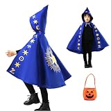 [GALSANG] コスプレ ハロウィン スターマント キッズ ユニセックス 仮装 魔法師 子供用 コスチューム (フード付＆ブルー L(120-140cm))