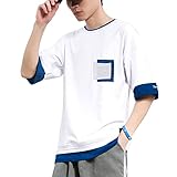 [SIPERLARI] tシャツ メンズ カットソー 半袖 フェイクレイヤード 重ね着風 プリントTシャツ 猫柄 メンズ ファッション 大きいサイズ ゆったり シルエット おしゃれ (M, 白)