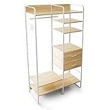 ハンガーラック ラック ロング丈も掛けられる 引き出し2杯付き 可動棚 収納ラック スチールフレーム S字フック付き 幅93cm ホワイト/オーク