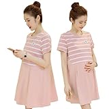 Easycos マタニティウェア 妊婦服 レディース ファション ワンピース ボーダー ピンク 半袖 夏着 フリー ゆったり ふわふわ オシャレ パジャマ 肌に優しい　 (女M)