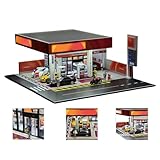 Leaploky 1/64スケール 日本のガソリンスタンドのシーンモデル DIY 建物 ジオラマ 模型 駅 組み立てセット LEDライト付き クリエイティブ (車&フィギュアは付属しません)