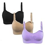 Burvogue授乳ブラジャーなしワイヤーマタニティブラス3枚セット (Small, 黒+スキン+ライトパープル)