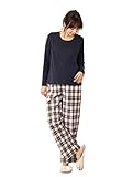 Angeliebe エンジェリーベ マタニティ パジャマ 授乳口付き スムース トップス & ネルチェック パンツ セット 妊婦服 産前 産後 長袖 S ～ M ネイビー × オフチェック 22081