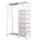 ハンガーラック 伸縮 引きだし 6段 上下パネル伸縮 スチールパイプ 左右レイアウト対応 スチールネット S字フック付き ホワイト アイボリー
