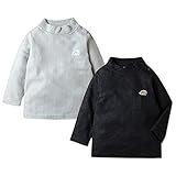 (ブラック/90cm)ベビー服 男の子 Tシャツ 長袖 無地 リブ織り ハイネック 吸湿発熱 ロゴ刺繍 スナップボタン