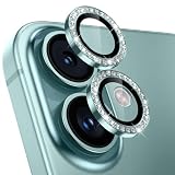 【3枚入り】レンズカバー iPhone 16 /16 Plus用 カメラフィルム キラキラ アイフォン16/プラス カメラ保護 ピカピカ アルミ合金 9H強化ガラス キズ防止 黒縁取り 露出オーバー防止 超高透過率 いphone16/いphone16 plus用 カメラカバー プロテクター ラインストーン グリーン