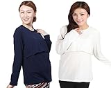 (エカイズ) EKA*is... 授乳服 長袖 2枚組 Tシャツ トップス インナー マタニティ 妊婦服 無地 w034 (XL, ネイビー×ホワイト)