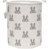 海チーム19.7 " Large Sized防水コーティングラミーコットン生地折りたたみランドリーHamperバケットCylindric黄麻布キャンバスストレージバスケットのキュートウサギデザイン グ