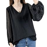 レディース ブラウス バルーン袖 ゆったり おしゃれ 長袖 トップス Vネック 春 夏 秋 可愛い 体型カバー シフォン (XL, ブラック)