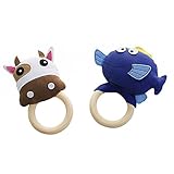 2PCS、[ハッピー牛とブルーフィッシュ]ベビーギフト、木製のリングのおもちゃ