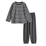 パジャマ ボーイズ 綿100% Tシャツ素材 柔らかい 快適 上下セット 長袖 シンプル ボーダー 春 夏 秋 通年 チャコール 120サイズ