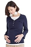 Sweet Mommy オーガニックコットン100％ しなやかフィット 重ね着風 ロング丈 ヘンリーネック 9分袖 サイドギャザー 着痩せ 授乳Ｔシャツ 授乳服 マタニティ／LL／ネイビー