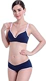 【ママ＆キッズ】Poche マタニティ 6色 下着セット 上下 授乳 ブラジャー パンツ シンプル 産前 産後 (M, ネイビー)