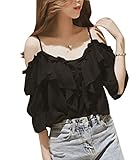 [BSCOOL]オフショルダー レディース 半袖 ブラウス シフォン 肩出し ボートネック トップス 韓国 大きいサイズ 着痩せ セクシー 夏 キャミソール(D黒)