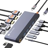 NOVOO 14-in-1 USB-C HDMI ハブ 8K@30Hz 4画面モード デュアル 4K@60Hz 40cm延長ケーブル 収納型 ドッキングステーション【DP+2 HDMI+VGA+4 USB+USB C 5Gbps+PD 100W急速充電+SD+TF+RJ45+3.5mmオーディオ+マイク】 NEC/Dynabook/iPhone 17