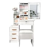 Fkstyle【たっぷり収納＆女優ライト】 ドレッサー 化粧台 LEDライト付き 鏡台 椅子付き スライドミラー 鏡裏収納 鍵付き引き出し 大容量 コンパクト 幅70.5cm/80cm おしゃれ 木目調 組み立て式 (ナチュラル/ホワイト)