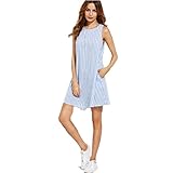 BOBORA レディース ワンピース aライン 縦縞 ワンピ ショート丈 ストライプ 修身 タンクトップ 丸首 ノースリーブ チェック柄 パーティー ライトブルー