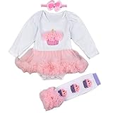 FOLOBE 赤ちゃん 子供 新生児服 ベビー 女の子ロンパース 白色Tシャツ上着+ピンクチュールスカート+パンスト 三点セット 可愛い 誕生日 遊び 記念 撮影 お祝いプレゼント 萌え服