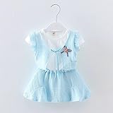 女の子の服 夏 綿麻上下セット Pojour 1-6歳キッズ用 子供かわいい無地スカート 通気 ブルー(70cm)