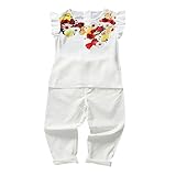 Domybest 子供服　女の子　ベビー服　トップスとロングパンツ　二点セットアップ　2-7歳　半袖　ボーダー花柄ブラウス　春夏秋　白 (120)