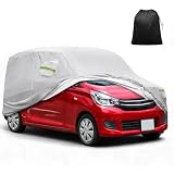 X AUTOHAUX 【三菱に対応EK専用】350x148 x165cm 軽自動車カバー 撥水性 【台風対策】防風ロープ付き 梅雨対策 防炎 防塵 雪/強風/黄砂 凍結防止 雹対策 運転席側にファスナー 夜間安全警告 耐久性 着脱気軽 車 収納袋が付属 シルバートーン