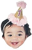 ゴールドピンク" 1 " Mini Girls最初誕生日帽子ヘッドバンドのケーキSmashパーティー画像