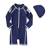 VIVO-BINIYA 正規品 子供水着 女児水着 男児水着 長袖 キッズ水着 ラッシュガード 帽子付き水着 スイムキャップ UPF50+素材使用 (9T(130), ネイビー)