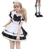 [COSSA] メイド服 ハイソックス付き メイドコスプレ 大きいサイズ フルセット コンカフェ メイド ショート丈 可愛いリボン メイドコスチューム ハロウィン仮装 レディース メンズ セット 一式 こすぷれ イベント パーティー 大人 女装 ハロウィン 男女兼用 学園祭 撮影【サイズ:S～5XL】 (ブラック, S)